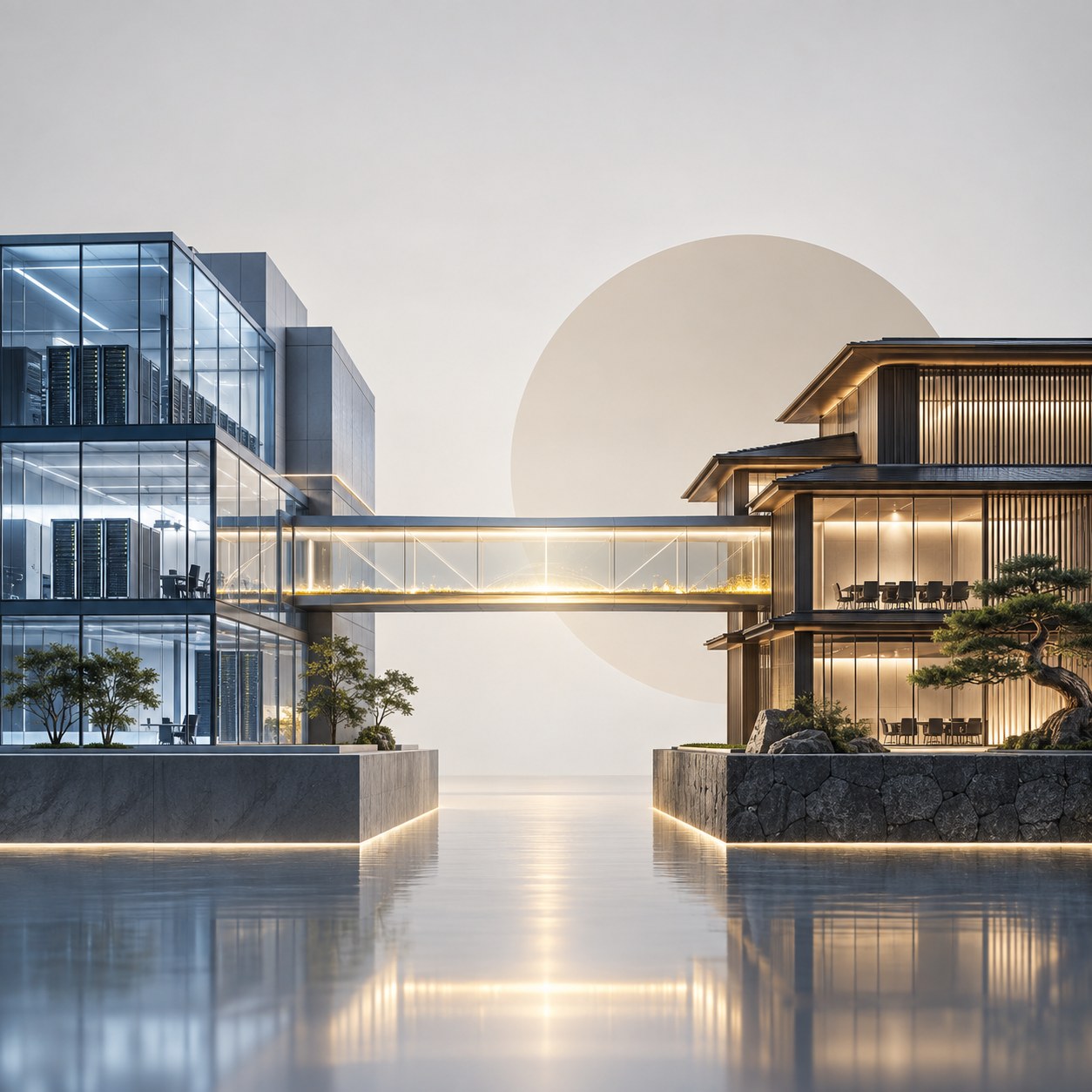 Arkitektura ilustraĵo kunliganta teknologion kaj praktikan laboron